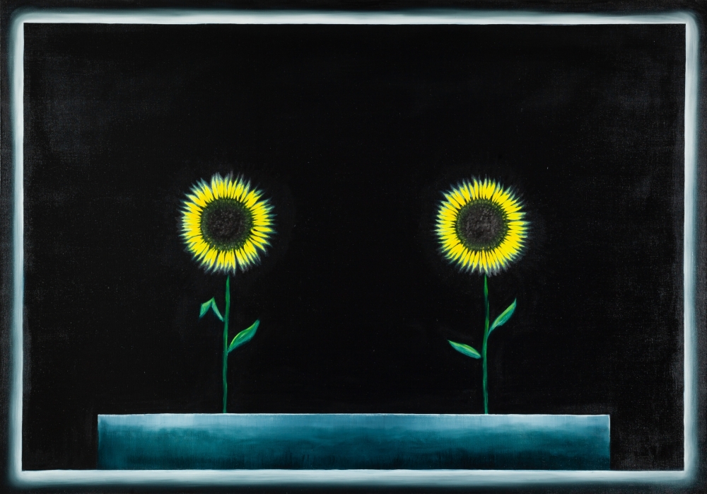 Gemälde von Michael Tauschke Zwei Sonnenblumen Öl auf Leinwand;Öl auf Leinwand,200 x 140 cm,Sonnenblumen, Sonnenblume, Schaufenster, Licht, Lasur; 